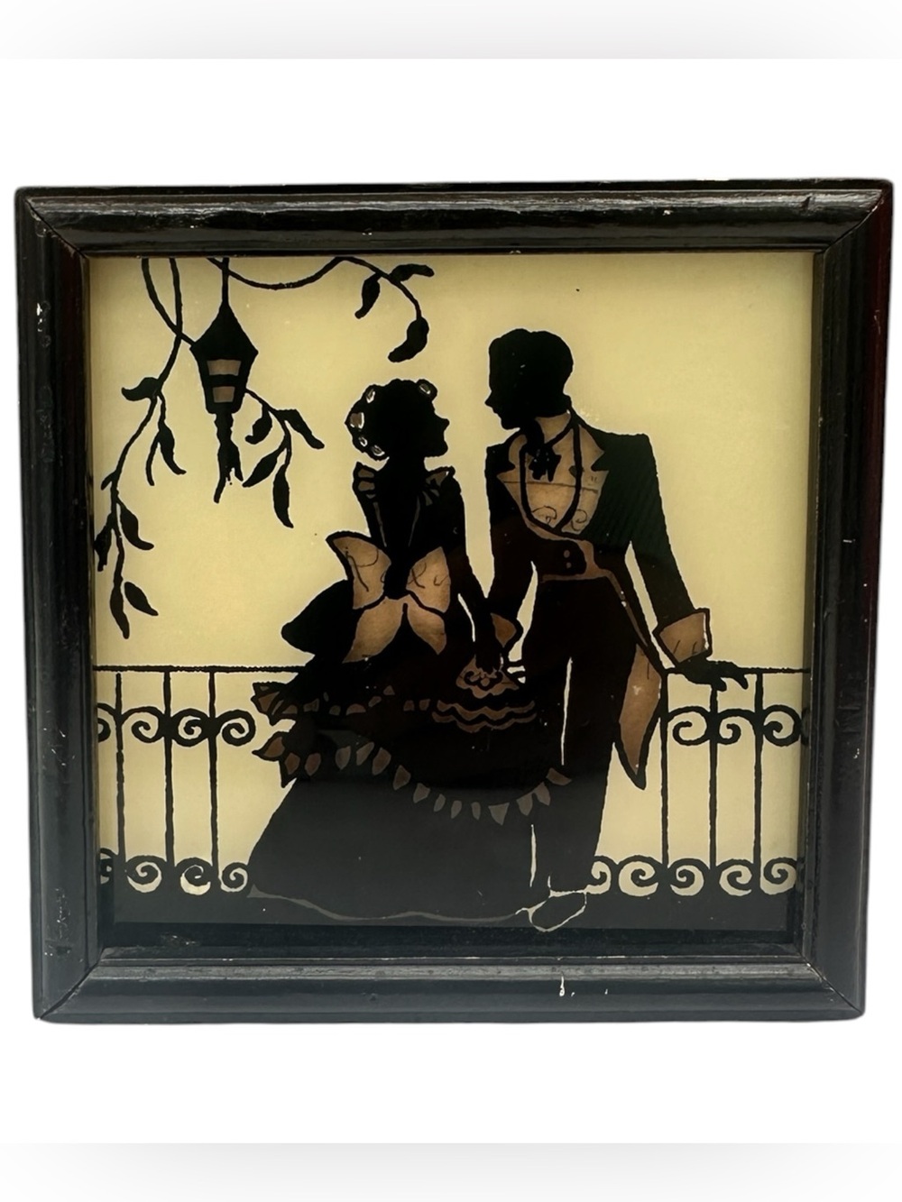 Vintage Reverse Glass Silhouette Painting 1940's Victorian Couple 4.5"